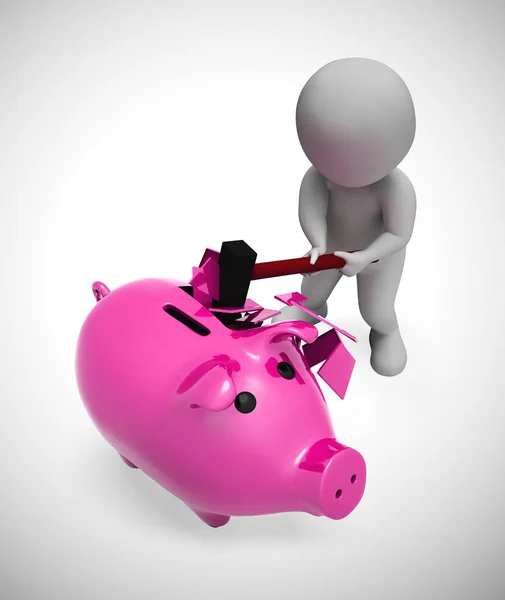 Quebrar um banco porquinho para acessar poupança ou dinheiro - ilustração 3d — Fotografia de Stock