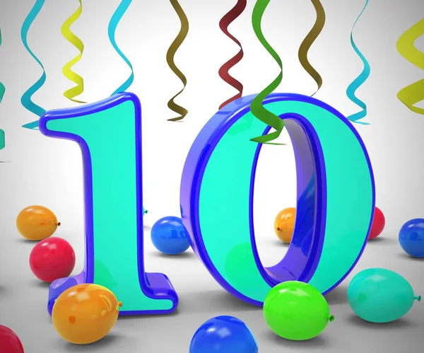 Celebrazione del decimo compleanno palloncini mostra un evento felice - 3d ill — Foto Stock