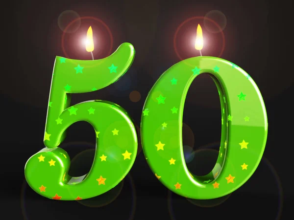 Fiftieth birthday celebration candles shows a happy event - 3d i — Stock Photo, Image