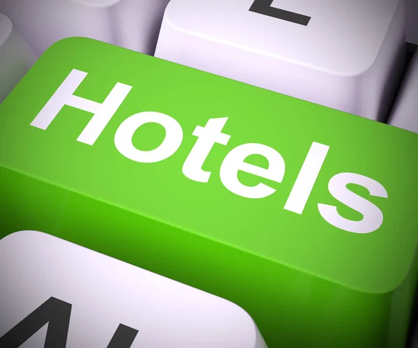 Hotel booking online concept icon mains reserving a room through — Stock Photo, Image