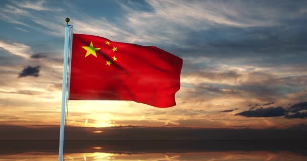Kinesiska Flaggan Viftar Banderoll För Folkrepubliken Kina Prc National Flaggstång — Stockvideo