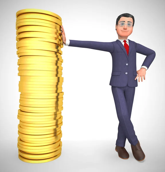 Businessman gold coins stack shows great business profits - 3d i — Stock Photo, Image