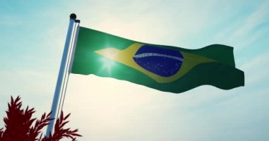 Brezilya Ulusal Kutlaması için Bayrak Direğinde Brezilya Bayrağı Dalgalanıyor. Bir Vatanseverlik Bayrağı ya da Amblemi - 30fps 4k Video