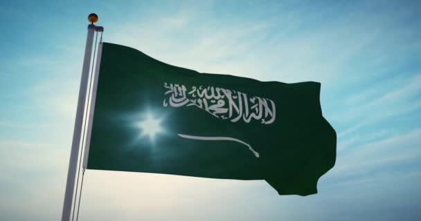 사우디 아라비아의 국기가 사우디 아라비아 왕국에서 흔들고 중동의 리야드를 비행하는 — 비디오