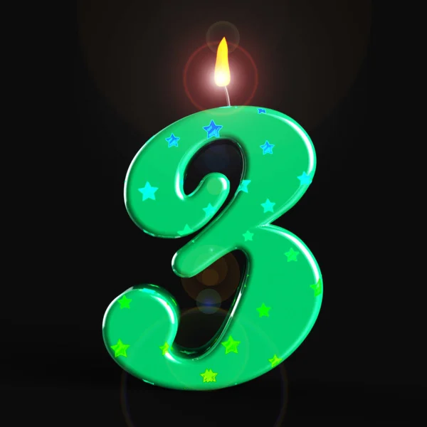 Třetí narozeniny slavnostní svíčka ukazuje šťastnou událost - 3d illus — Stock fotografie