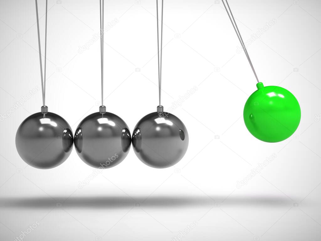Newtons cradle pendulum with sphere or ball shows impact and eff