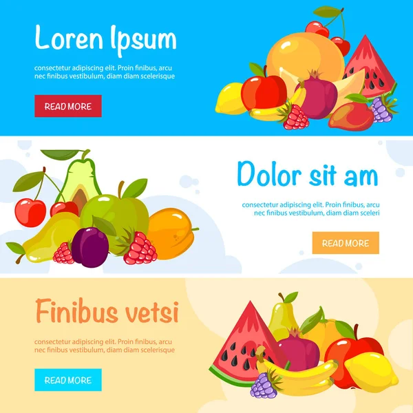 Cartoon Früchte Banner. Farbenfrohe Sammlung frischer Lebensmittel — Stockvektor