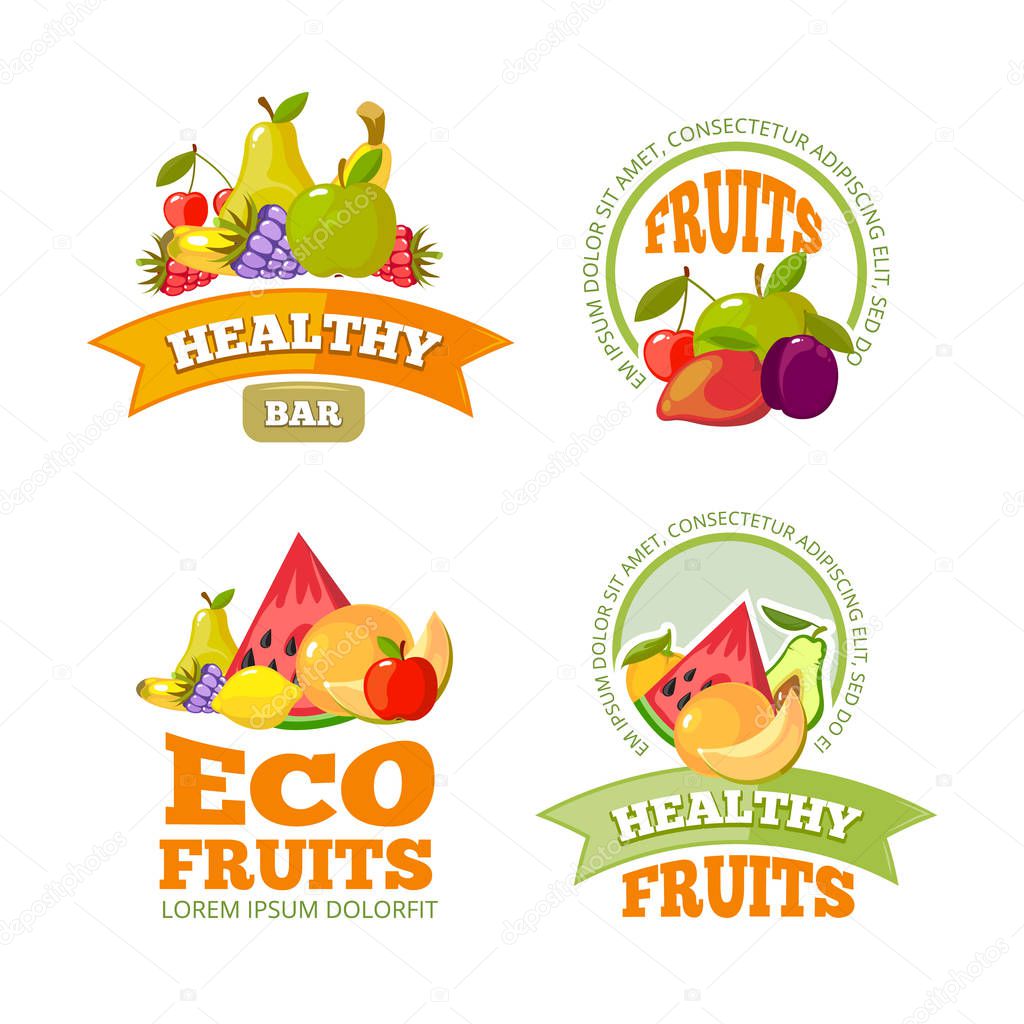 Cartoon fruits labels. colored fresh healthy organic vitamin food vector illustrations