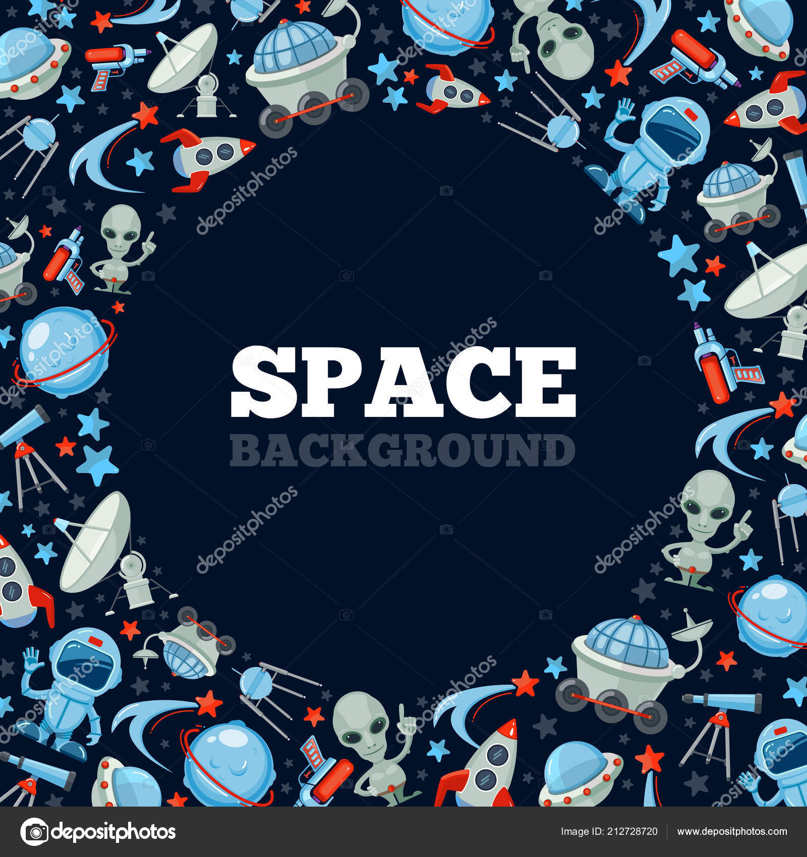 Space Cartoon Icons Spaceship Rocket Astronaut Ufo Stock Vector Space Cartoon Background Circle Frame With Symbols Of Spaceship Rocket Astronaut Ufo Ship Alien Characters Satelite Stars Futuristic Flat Vector Round