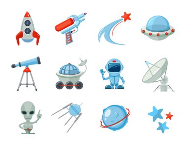 Alan karikatür simgeleri. Uzay gemisi roket astronot Ufo