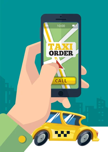 Ordem de táxi. transporte urbano mão segurando smartphone —  Vetores de Stock
