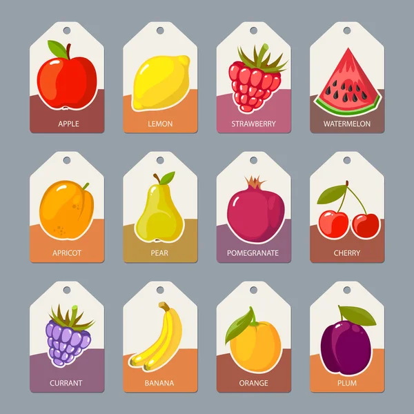 Etiquetas de frutas. alimentos frescos y saludables manzanas naranjas — Vector de stock