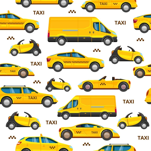Carros de táxi sem costura padrão. recolha de serviço de transporte de cabina amarela — Vetor de Stock