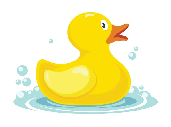 橡胶黄鸭 洗澡儿童玩具在水中飞溅和肥皂泡沫剪影卡通矢量插图孤立 — 图库矢量图片