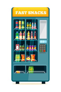 Otomat yiyecek içecek makinesi. Cips soda Aperatif Bisküvi sandviç otomatik ürün İçecek ekran alıcısı assortiment cheao hizmet tüketici sikke vektör karikatür