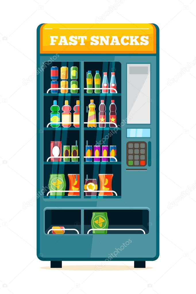 Vending food drink machine. Chips soda snack biscuits sandwich automatic product drink display acceptor assortiment cheao service consumer coin vector cartoon