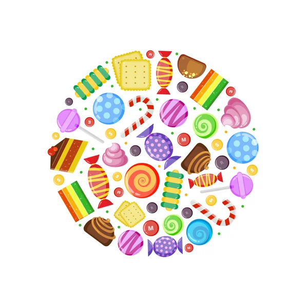 Colored candies. chocolate caramel cakes fruit biscuits and other various sweets in circle shape — Stock Vector