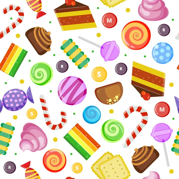 Patrón de dulces. Pasteles de galletas dulces de chocolate y caramelo envueltos y diseño textil de color sobre fondo claro — Archivo Imágenes Vectoriales