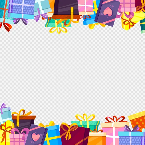 Cadre avec des cadeaux. Paquets de salutations colorées avec rubans à fond transparent décoration vectoriel bordures modèle — Image vectorielle