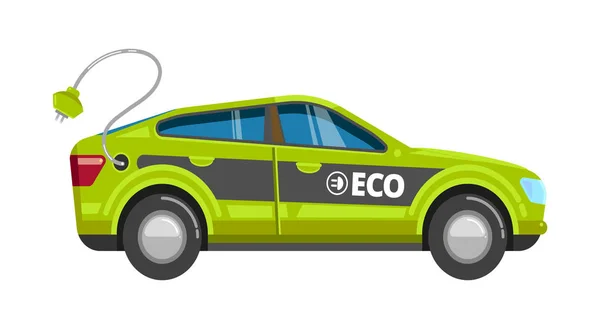 Eco green car. Elektryczny pojazd z ładowania baterii alternatywnego zasilania energii wektor eco transport kreskówka — Wektor stockowy