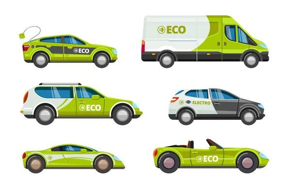 Öko-Autos. alternative Energie Elektrofahrzeuge mit Ladebatterievektor Ökotransport Karikatur — Stockvektor