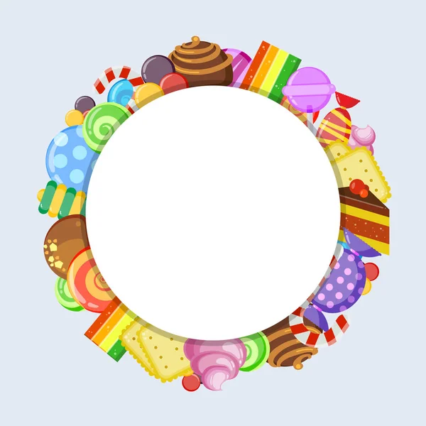 Forma de círculo de dulces. Dulces jalea piruleta y pasteles en forma de círculo vector concepto de publicidad con dulces comida de dibujos animados — Archivo Imágenes Vectoriales