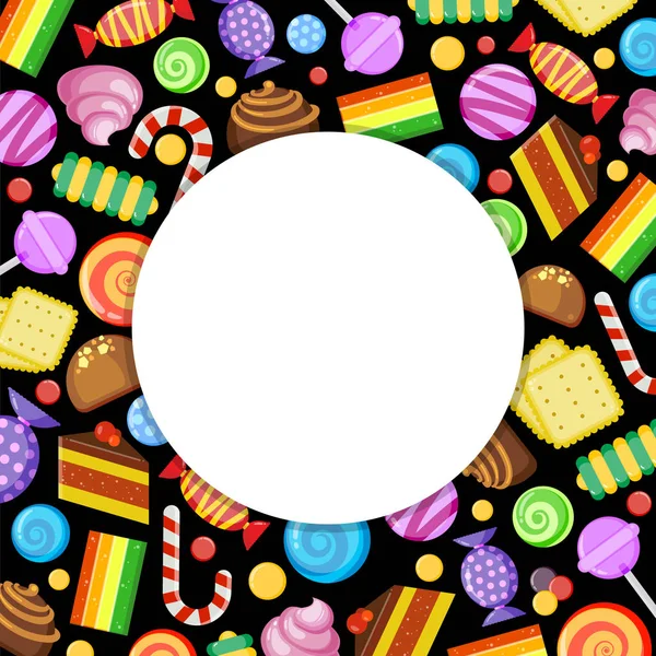お菓子サークル フレーム。キャンディーの棒付きキャンデーのゼリーとケーキお菓子サークル フレーム ベクトルの広告の概念の漫画の食品 — ストックベクタ