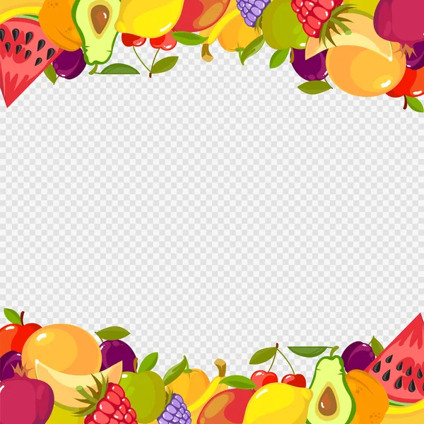 Früchte rahmen. gesunde Vitaminnahrung Wassermelone Kirsche Zitrone Himbeere Apfel transparent Hintergrund — Stockvektor