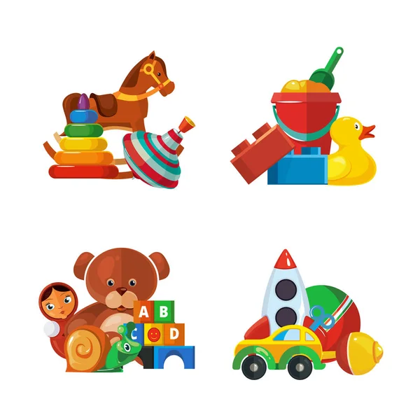 Toys presents. Teddy bear tipper pyramid tumbler snail machine bucket whirligig educational funny game items for kids vector toys collection — 图库矢量图片