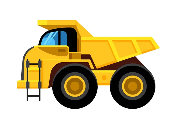 Gele werkwagen. grote wielen bouw voertuig dumper vector cartoon auto geïsoleerd — Stockvector