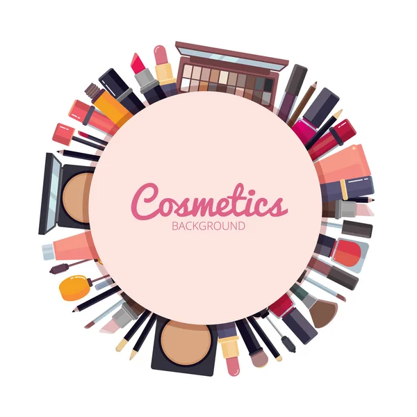 Cosmética mujer. maquillaje belleza accesorios bronceador lápiz labial líquido esmalte de uñas rímel maquillaje lápiz pestañas polvo cepillos fundación vector — Vector de stock