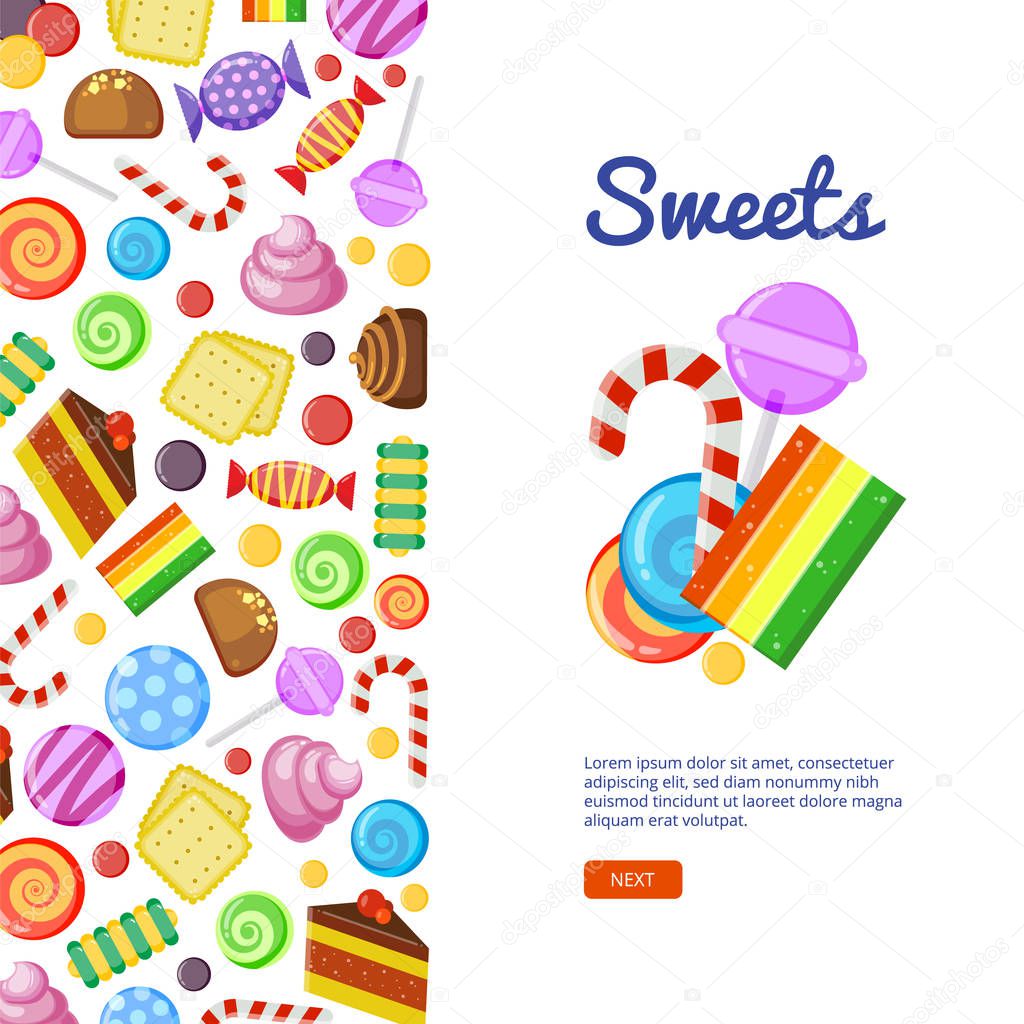 Sweets. Biscuits cakes chocolate and caramel candies wrapped and colored textile design on light background