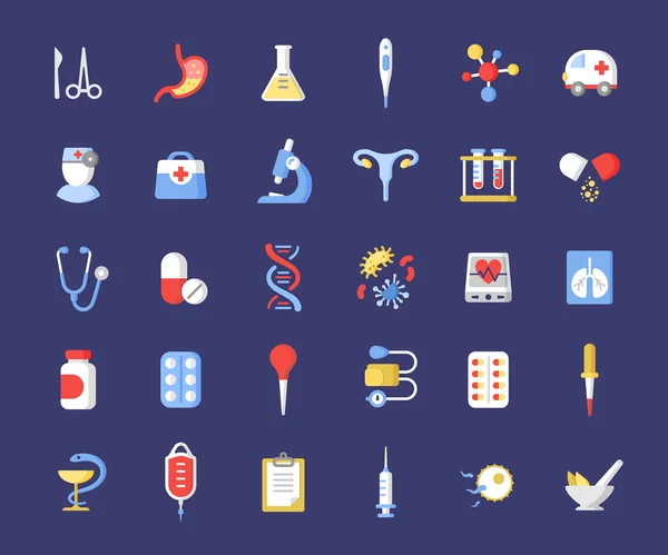 Medicine accessories flat vector icons set. Health care — Stock Vector