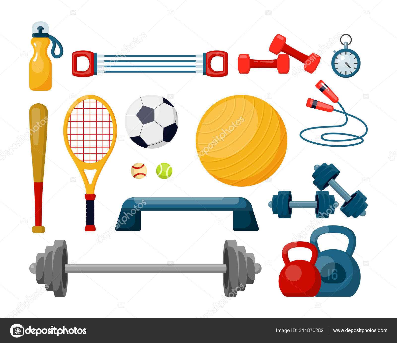 Sport equipment flat vector illustrations set. Fitness Stock