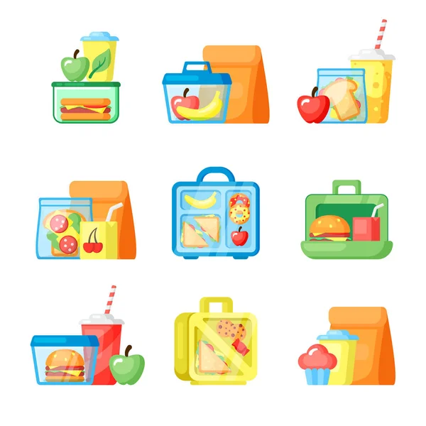 Set di scatole da pranzo con panini e frutta fresca illustrazioni piatte — Vettoriale Stock