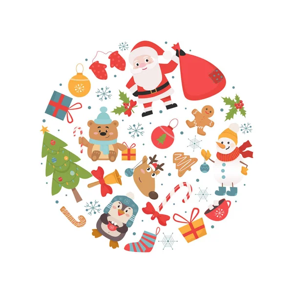 Christmas holiday symbols in circle shape illustration — Stock Vector