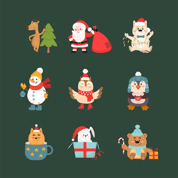 Christmas celebration symbols and animals vector illustrations set — Stock Vector