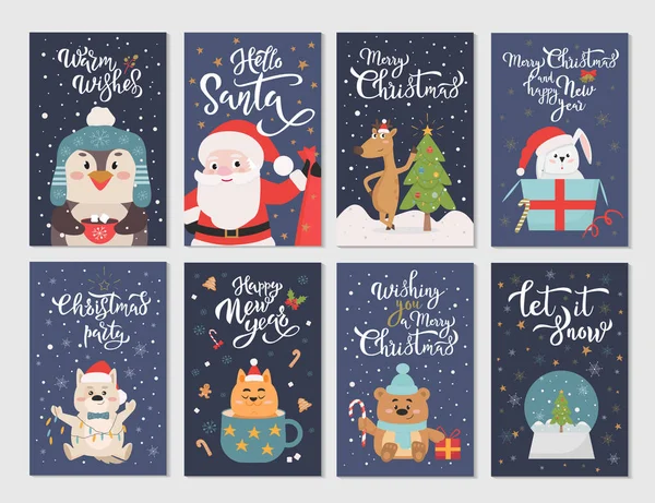 Winter season flat cartoon characters postcards set — ストックベクタ