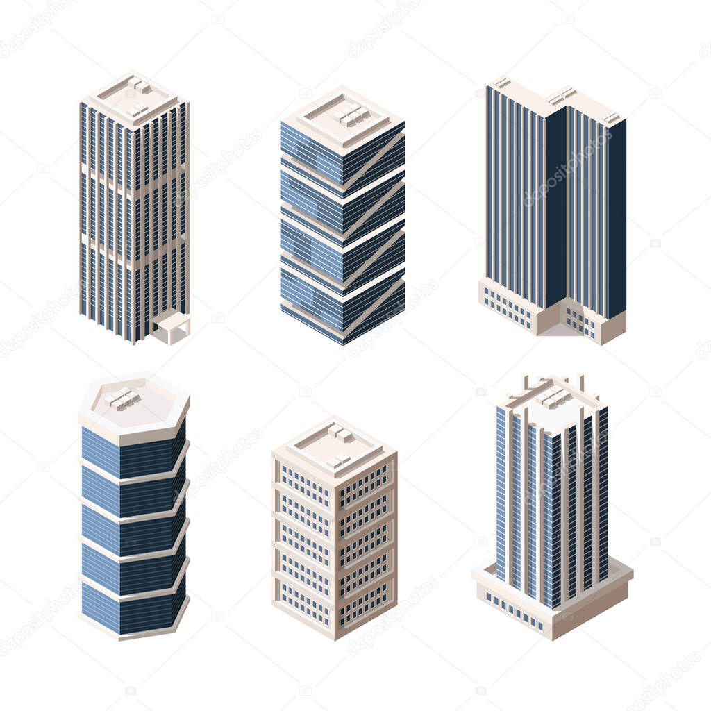 High rise modern buildings isometric vector illustrations set
