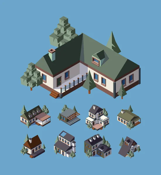 Maisons privées, chalet isométrique vectoriel illustrations ensemble — Image vectorielle