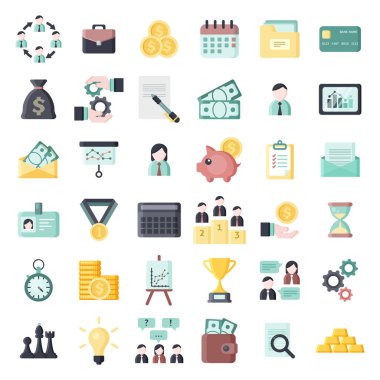 Renkli iş temalı düz vektör simgeleri ayarlandı