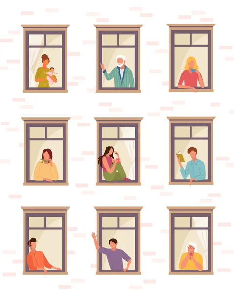 Stay home people self isolation . People life in quarantine open windows guy listens music reads book greets woman child girl drinks coffee speaks phone, elderly people look outside. Clipart vector. — Stock Vector