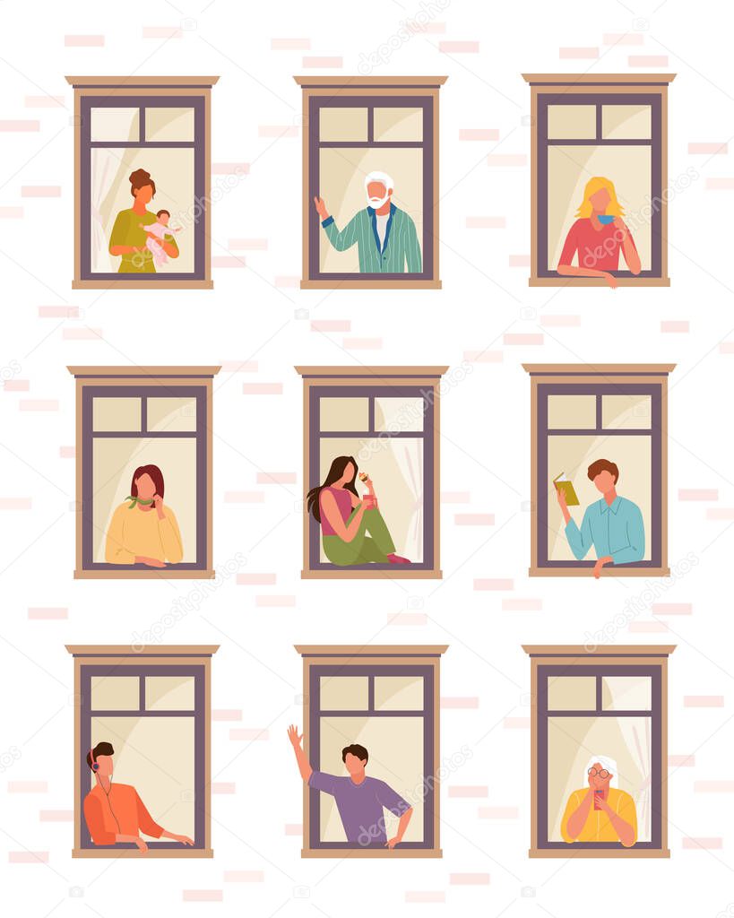 Stay home people self isolation . People life in quarantine open windows guy listens music reads book greets woman child girl drinks coffee speaks phone, elderly people look outside. Clipart vector.