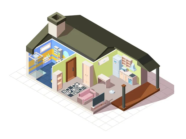 Sala de la casa de infografía isométrica. Ilustración edificio residencial en contexto diseño de moda sala de estar cocina baño aseo moderno plan de completar el espacio habitable. Isométrico vector de dibujos animados . — Archivo Imágenes Vectoriales