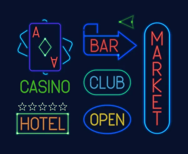 Neon signs set. Colorful neon electric pointers glowing letter club blue casino deck cards green market bar red hotel orange advertising poster business indicator. Vector soft cartoon glow. — Stock Vector
