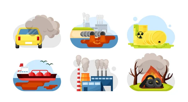 Conjunto de poluição ambiental. Escape de carro efluentes industriais resíduos radioativos tóxicos derramados fábrica de óleo opções de combustão queimando plástico, pneus de lixo. Estilo vetorial dos desenhos animados . — Vetor de Stock