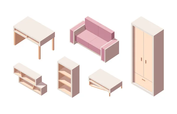 Nappali izometrikus bútorkészlet. Rózsaszín összecsukható kanapé szekrény cipő íróasztal fiókokkal könyvespolcok dohányzóasztal és modern grafikus design nappali. Izometrikus vektor. — Stock Vector