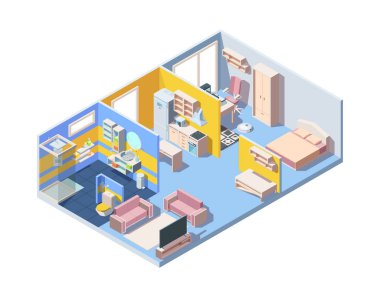 Daire içi izometrik konsept. İllüstrasyon tasarımı, oturma odası mutfak odası banyo modern mobilyalar konut tasarımı renkli, moda apartmanlar. Vektör izometrik çizgi film.