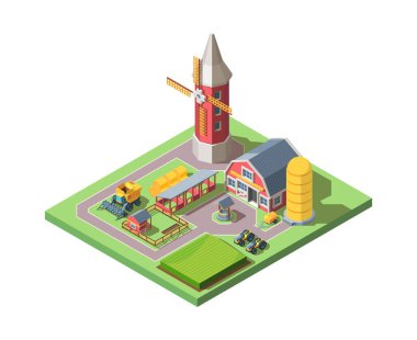 Çiftlik izometrik illüstrasyon. Modern tarım sistemi büyük değirmen traktörü ve iyi hayvan ağılları saman yığınları ve silo konseptini birleştirerek tarımsal arazi süresinin ilerlemesini sağlıyor. Karikatür izometrik vektörü.