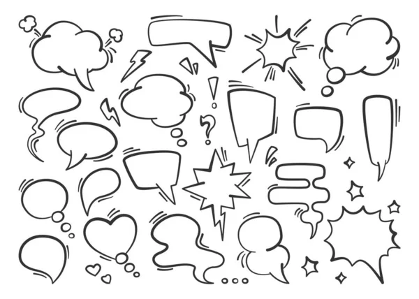 Bublina nastavena. Silueta konverzační kreslené zprávy myšlenky chat komiksy prázdný dialog skica cloud otázka vykřičník abstraktní dialog informace bílé pozadí. Vektorová kreslená silueta. — Stockový vektor